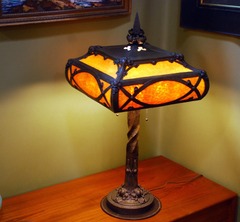 Large Quality Arts and Crafts Hammered Bronze and Slag Glass lamp.